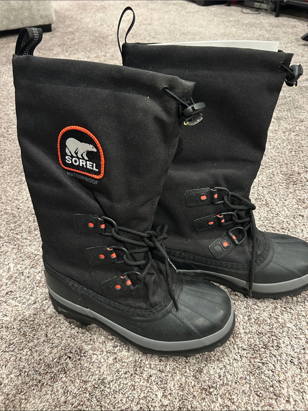 Sorel Mens Black Snow Boots with Orange Accents - Picture 1 of 8